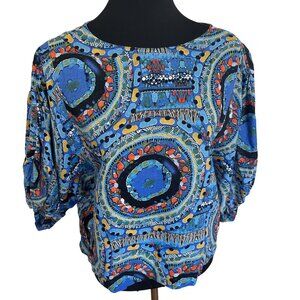 Impressions Womens Linen Blouse Geometric Blue Small Art to Wear Crew